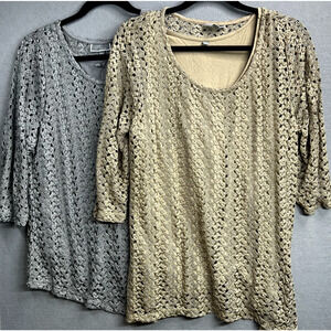 JM Collection Crocheted Lined Blouses Womens Lot/2 Large + Petite XL Gold Silver